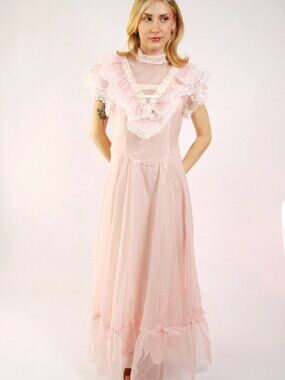70s Prairie Formal Gown (S) small pink vintage maxi romantic coquette long dress